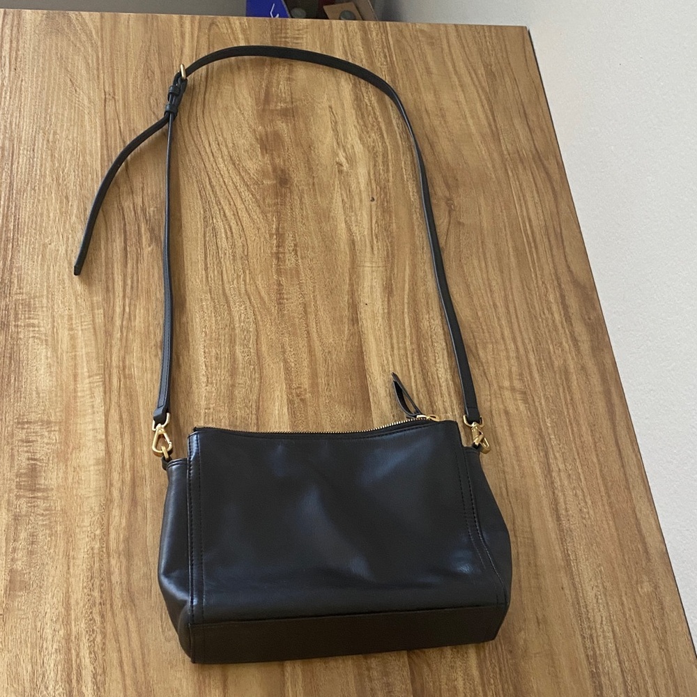 Quince Black Leather Crossbody with Gold Hardware